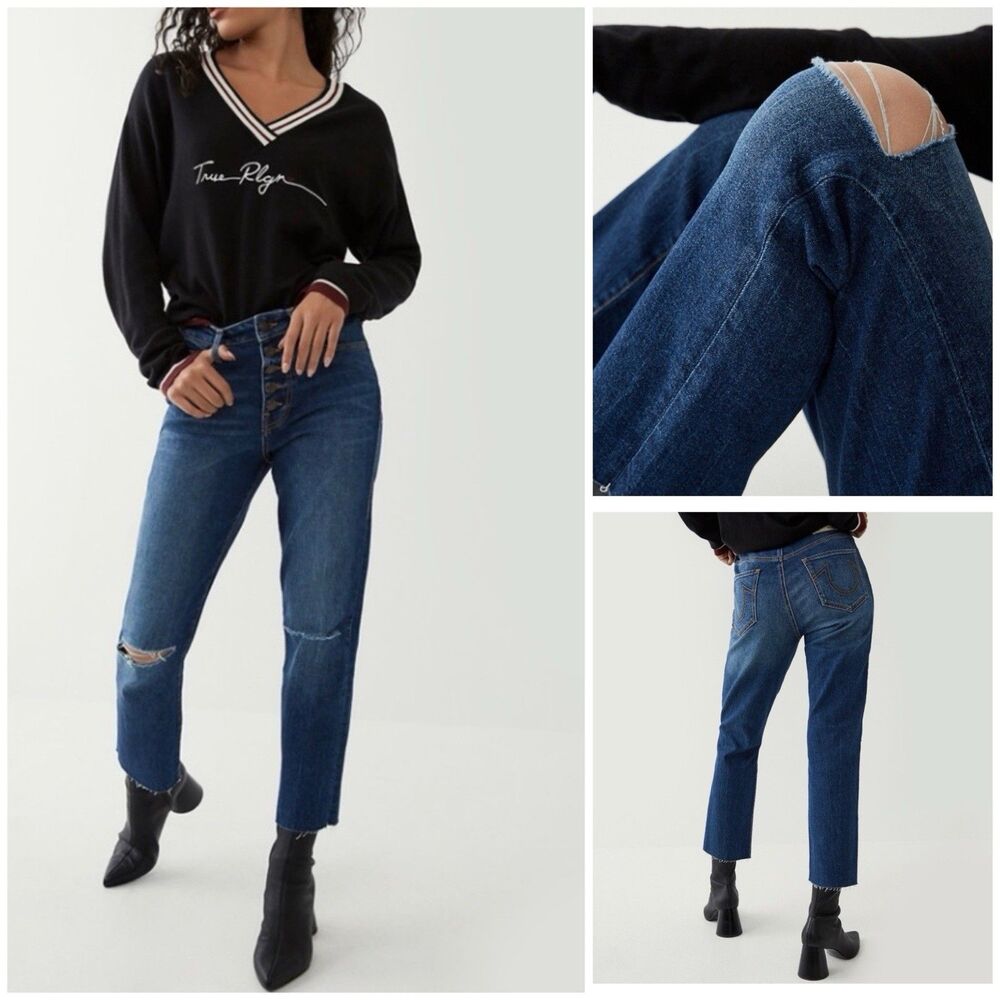 True Religion Starr High-Rise Cropped Straight Women's Buttonfly Jeans Size 28